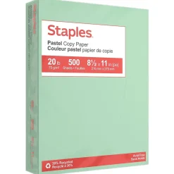 Multipurpose Paper*Staples Pastel 30% Recycled Color Copy Paper, 20 lbs., 8.5" x 11", , 500/Ream (14781) Green