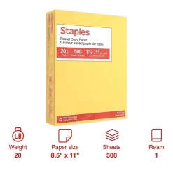 Multipurpose Paper*Staples Pastel 30% Recycled Color Copy Paper, 20 lbs., 8.5" x 11", , 500/Ream (14787) Canary