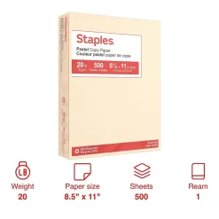 Multipurpose Paper*Staples Pastel 30% Recycled Color Copy Paper, 20 lbs., 8.5" x 11", , 500/Ream (14789) Cream