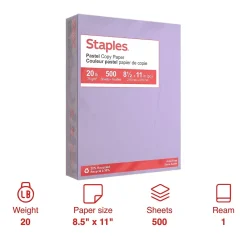 Multipurpose Paper*Staples Pastel 30% Recycled Color Copy Paper, 20 lbs., 8.5" x 11", , 500/Ream (14782) Lilac