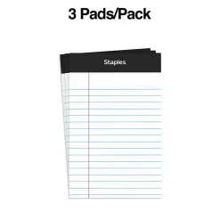 Notepads|Staples ® Perforated Mini Legal Writing Pads - Narrow Ruled, 3.5" x 2.5", White, 3/Pack (10871)