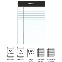 Notepads|Staples ® Perforated Mini Legal Writing Pads - Narrow Ruled, 3.5