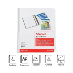Sheet Protectors|Staples Poly Binder Pocket, 3-Hole Punched, , 5/Pack (ST15159-CC) Clear