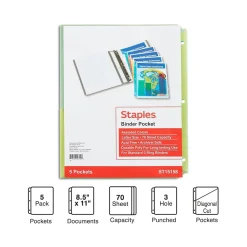 Sheet Protectors|Staples Poly Binder Pocket, 3-Hole Punched, , 5/Pack (ST15158-CC) Assorted Colors