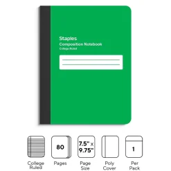 Composition Notebooks|Staples Poly Composition Notebook, 7.5" x 9.75", College Ruled, 80 Sheets, (ST55079) Green