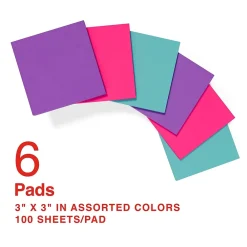 Sticky Notes*Staples ® Pop-up Notes, 3" x 3", Berry Blast Collection, 100 Sheet/Pad, 6 Pads/Pack (S33BOP6/52558)