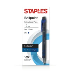 Pens|Staples Postscript Retractable Ballpoint Pens, Fine Point, Blue Ink, Dozen (18266)