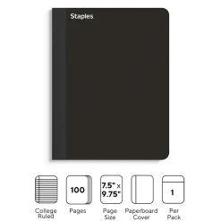 Composition Notebooks|Staples Premium Composition Notebook, 7.5" x 9.75", 100 College Ruled Sheets, Black (TR58342)
