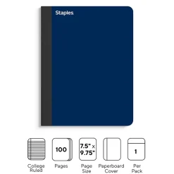 Composition Notebooks|Staples Premium Composition Notebook, 7.5" x 9.75", College Ruled, 100 Sheets, Blue (ST58343)