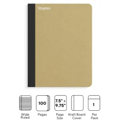 Composition Notebooks|Staples Premium Composition Notebook, 7.5" x 9.75", Wide Ruled, 100 Sheets, Brown (TR52119)