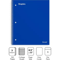 Subject Notebooks|Staples Premium Poly 3-Subject Notebook, 8.5" x 11", College Ruled, 150 Sheets, (ST58314) Blue
