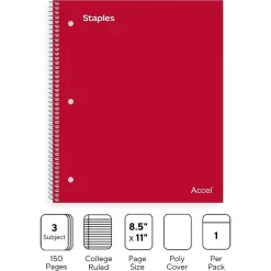 Subject Notebooks|Staples Premium Poly 3-Subject Notebook, 8.5" x 11", College Ruled, 150 Sheets, (ST58315) Red