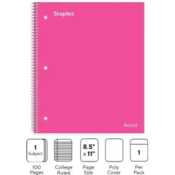 Subject Notebooks|Staples Premium Poly 1-Subject Notebook, 8.5" x 11", College Ruled, 100 Sheets, (ST51448D) Pink