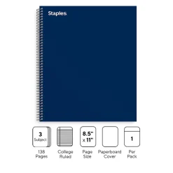 Subject Notebooks|Staples Premium 3-Subject Notebook, 8.5" x 11", College Ruled, 138 Sheets, Blue (TR58360M-CC)
