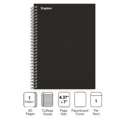 Subject Notebooks|Staples Premium 1-Subject Notebook, 4.38" x 7", College Ruled, 80 Sheets, Black (TR58347M)