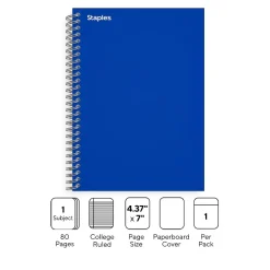 Subject Notebooks|Staples Premium 1-Subject Notebook, 4.38" x 7", College Ruled, 80 Sheets, Blue (ST58348)
