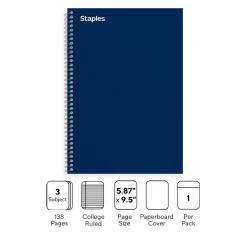 Subject Notebooks|Staples Premium 3-Subject Notebook, 5.88" x 9.5", College Ruled, 138 Sheets, Blue (ST58352)