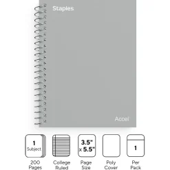 Subject Notebooks|Staples Premium 1-Subject Notebook, 3.5" x 5.5", College Ruled, (TR58291) Gray