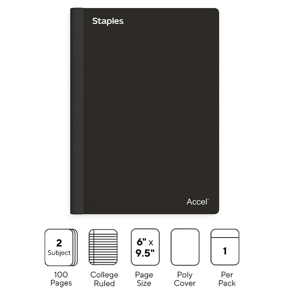 Notebooks|Staples Premium 2-Subject Notebook, 6" x 9.5", College Ruled, 100 Sheets, (TR58325) Black