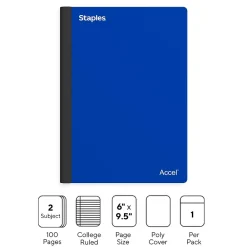 Subject Notebooks|Staples Premium 2-Subject Notebook, 6" x 9.5", College Ruled, 100 Sheets, (TR58326) Blue