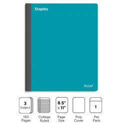 Subject Notebooks|Staples Premium 3-Subject Notebook, 8.5" x 11", College Ruled, 150 Sheets, Blue (ST58333C) Teal