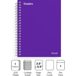 Subject Notebooks|Staples Premium 1-Subject Notebook, 3.5" x 5.5", College Ruled, 200 Sheets, (ST58290D) Purple