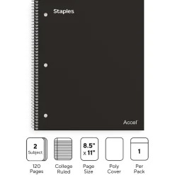 Subject Notebooks|Staples Premium 2-Subject Notebook, 8.5" x 11", College Ruled, 120 Sheets, (TR58310) Black