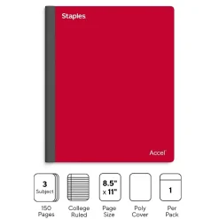 Subject Notebooks|Staples Premium 3-Subject Notebook, 8.5" x 11", College Ruled, 150 Sheets, (ST58332) Red