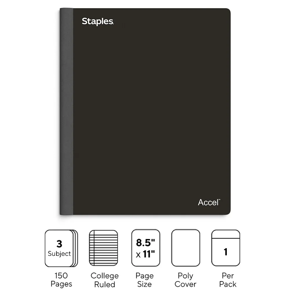 Subject Notebooks|Staples Premium 3-Subject Notebook, 8.5" x 11", College Ruled, 150 Sheets, (ST58329) Black