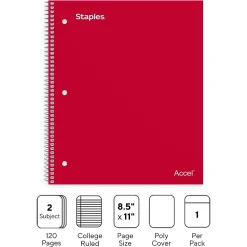 Notebooks|Staples Premium 2-Subject Notebook, 8.5" x 11", College Ruled, 120 Sheets, (TR58312) Red
