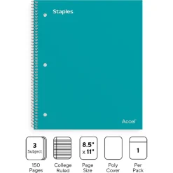 Subject Notebooks|Staples Premium 3-Subject Notebook, 8.5" x 11", College Ruled, 150 Sheets, (ST58316) Teal