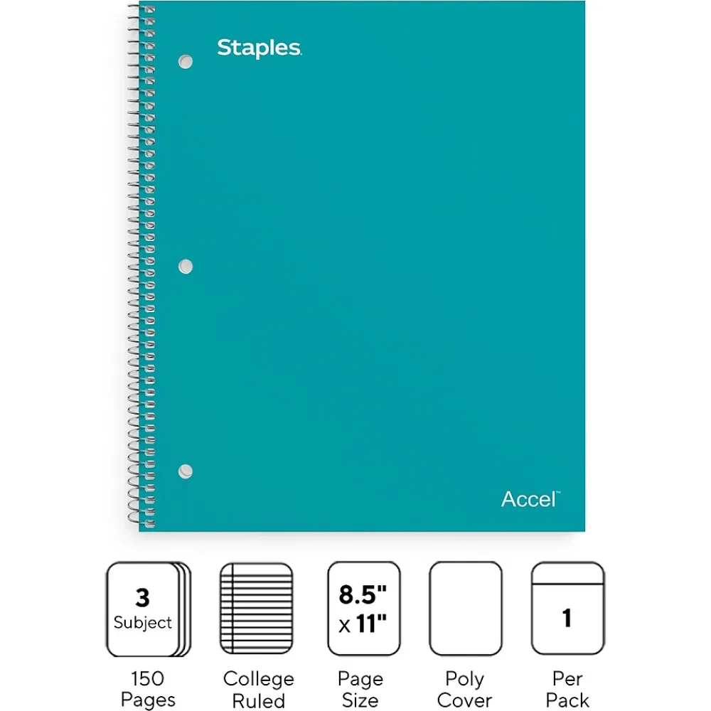 Subject Notebooks|Staples Premium 3-Subject Notebook, 8.5" x 11", College Ruled, 150 Sheets, (ST58316) Teal