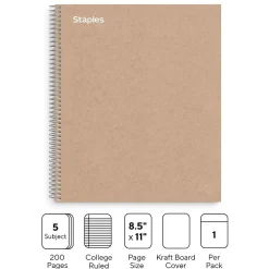 Subject Notebooks|Staples Premium 5-Subject Notebook, 8.5" x 11", College Ruled, 200 Sheets, Brown (TR52122)
