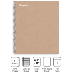 Subject Notebooks|Staples Premium 1-Subject Notebook, 8.5" x 11", College Ruled, 100 Sheets, Brown (TR52121)
