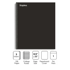 Subject Notebooks|Staples ® Premium 3-Subject Subject Notebooks, 8.5" x 11", College Ruled, 150 Sheets, Black (TR58359M-CC)