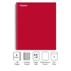 Subject Notebooks|Staples ® Premium 3-Subject Subject Notebooks, 8.5" x 11", College Ruled, 150 Sheets, Red (TR58361M-CC)