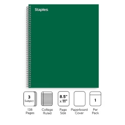 Subject Notebooks|Staples ® Premium 3-Subject Subject Notebooks, 8.5" x 11", College Ruled, 150 Sheets, Green (TR58362M-CC)