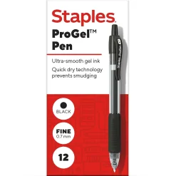 Pens|Staples ProGel™ Retractable Gel Pen, Fine Point, 0.7mm, Black Ink, Dozen (ST62095)