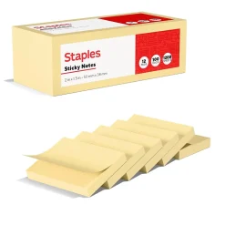 Sticky Notes*Staples Recycled Notes, 1 3/8" x 1 7/8", Sunshine Collection, 100 Sheet/Pad, 12 Pads/Pack (S152YR/1252554)