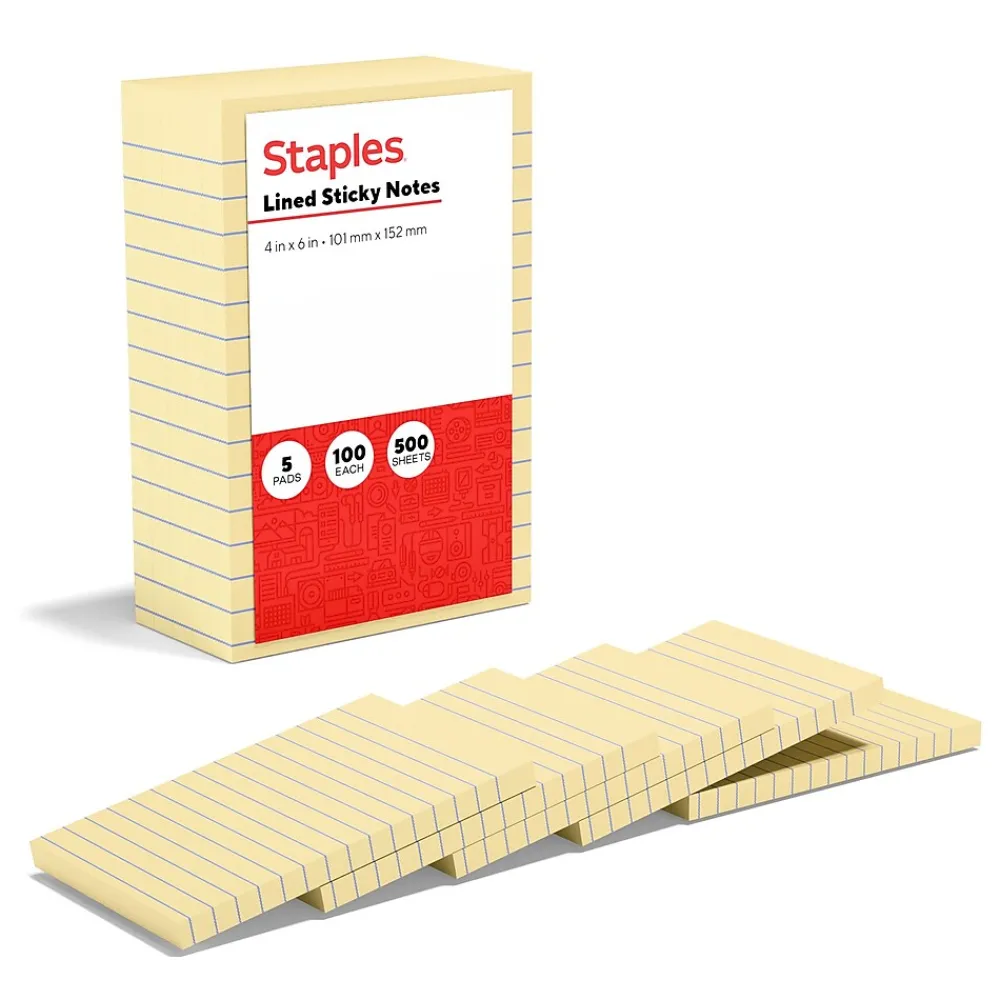 Sticky Notes*Staples Recycled Notes, 4" x 6", Sunshine Collection, Lined, 100 Sheet/Pad, 5 Pads/Pack (S46YR/552572)