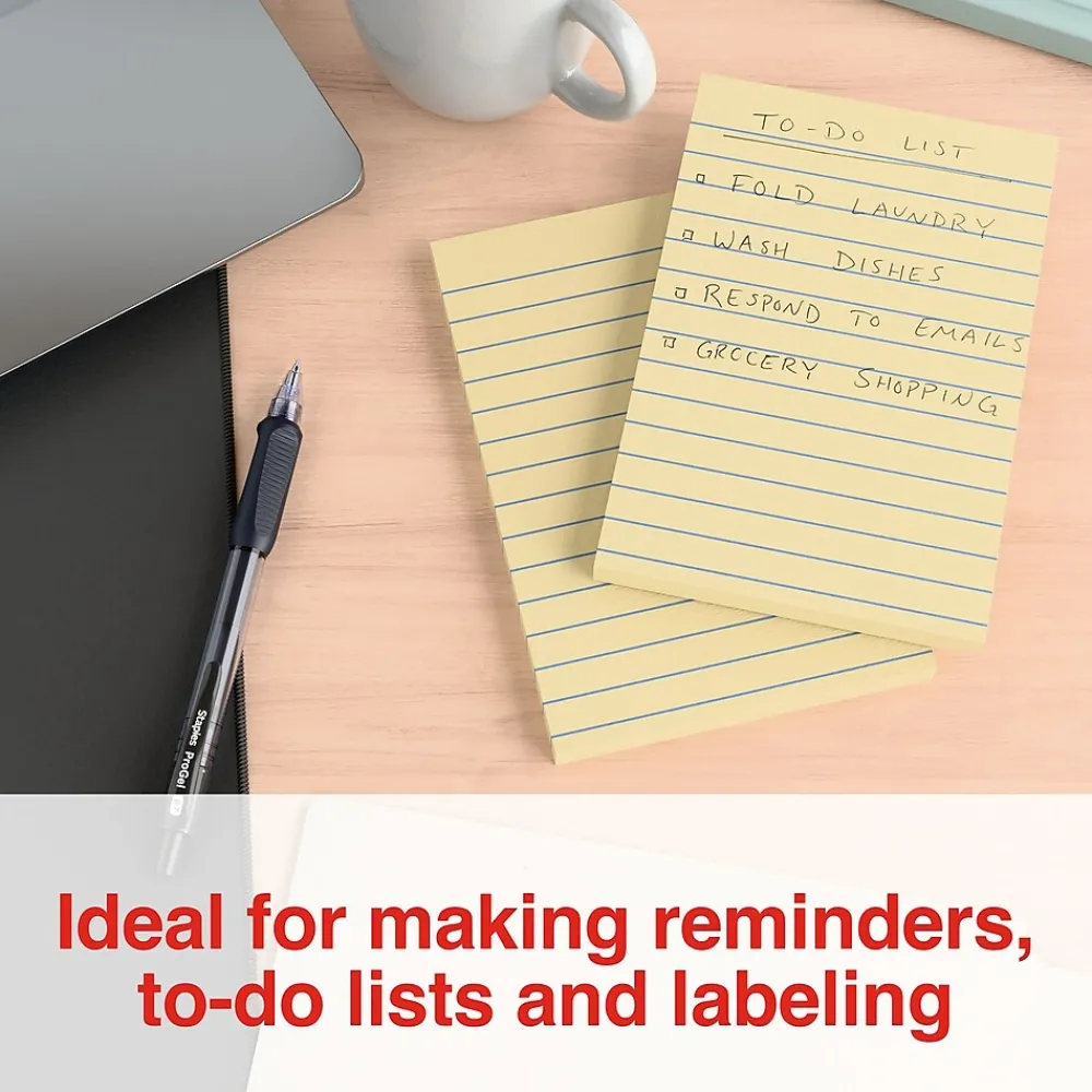 Sticky Notes*Staples Recycled Notes, 4" x 6", Sunshine Collection, Lined, 100 Sheet/Pad, 5 Pads/Pack (S46YR/552572)