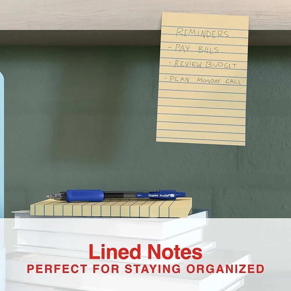 Sticky Notes*Staples Recycled Notes, 4" x 6", Sunshine Collection, Lined, 100 Sheet/Pad, 5 Pads/Pack (S46YR/552572)