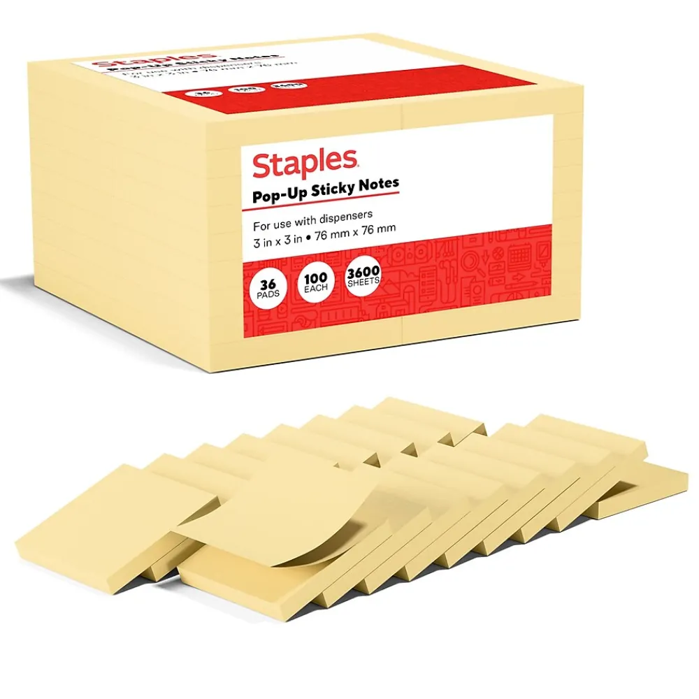 Sticky Notes*Staples Recycled Pop-up Notes, 3" x 3", Sunshine Collection, 100 Sheet/Pad, 36 Pads/Pack (S-33YRP36)