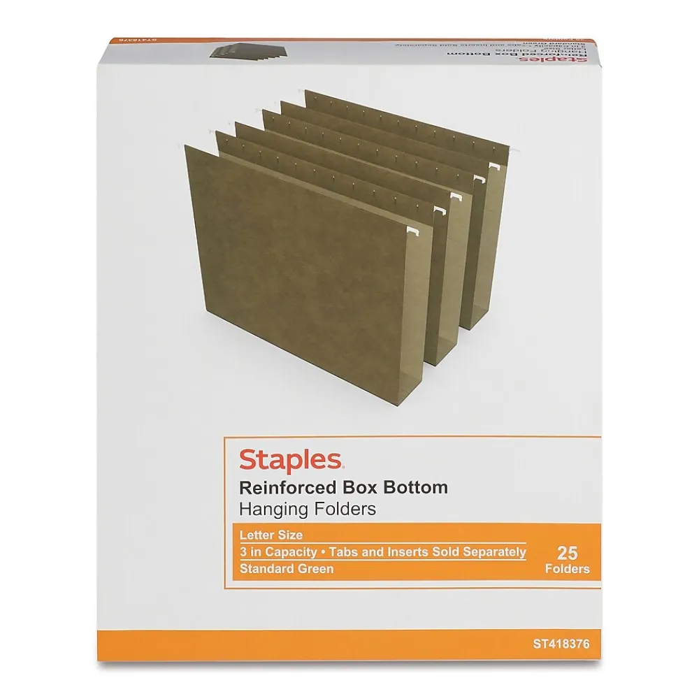 Hanging File Folders|Staples Reinforced Box-Bottom Hanging File Folders, 3" Expansion, 1/5-Cut Tab, Letter Size, Standard Green, 25/Box