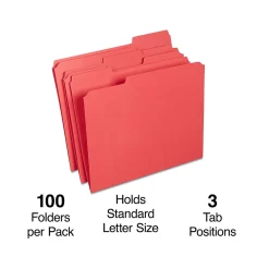 File Folders|Staples Reinforced File Folders, 1/3-Cut Tab, Letter Size, , 100/Box (ST508978-CC) Red