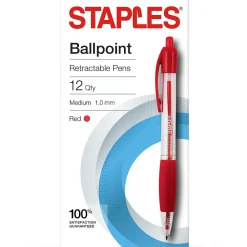 Pens|Staples Retractable Ballpoint Pens, Medium Point, Red Ink, Dozen (50792)