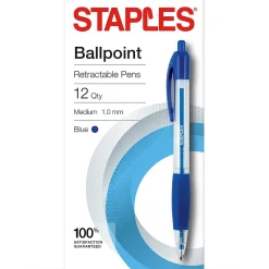 Pens|Staples ® Retractable Ballpoint Pens, Medium Point, 1.0mm, Blue Ink, Dozen (50794-CC)