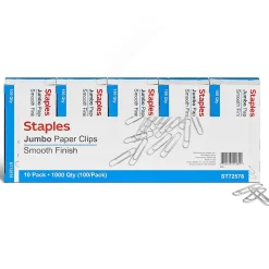 Clips & Fasteners|Staples Smooth Jumbo Paper Clips, Silver, 1000 Clips/Pack, 10/Pack(A7026605/72578)