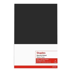 Notepads|Staples ® Steno Pads, 6'' x 9'', Narrow Ruled, 100 Sheets/Pad, 4 Pads/Pack (28046)