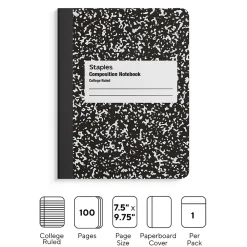 Composition Notebooks|Staples 1-Subject Composition Notebook, 7.5" x 9.75", College Ruled, 100 Sheets, Black (ST55064C)